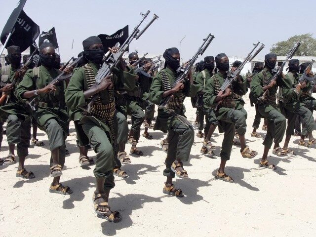 FILE - Hundreds of newly trained al-Shabab fighters perform military exercises in the Lafo