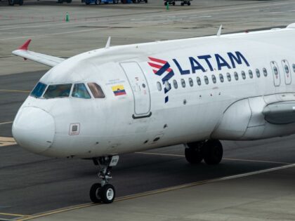 A LATAM Airbus a320 is seen on a taxi road at Bogota's El Dorado International Airpor