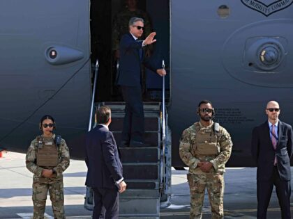 US Secretary of State Antony Blinken gestures in Tel Aviv as he departs for Egypt on Augus