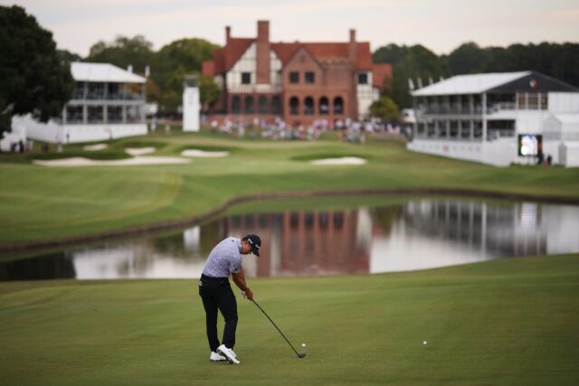 Collin Morikawa of the United States plays a shot on the 18th hole during the second round