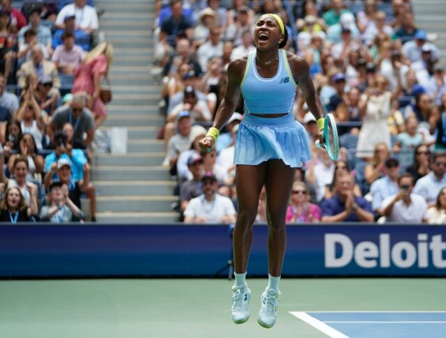 Defending champion Coco Gauff celebrates her US Open victory over Elina Svitolina