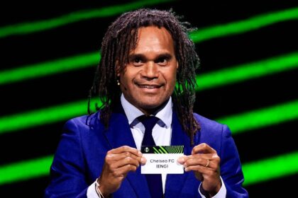 Former France player Christian Karembeu produces Chelsea's name during Friday's UEFA Confe