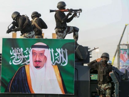 Saudi armed forces take part in a parade in Saudi Arabia's holy city of Mecca during a mil