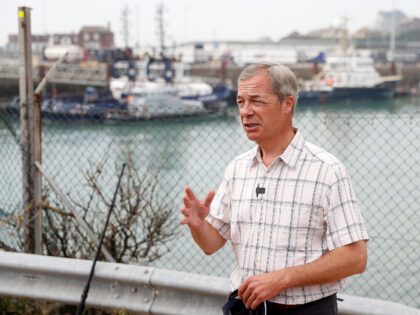 Brexit Party leader Nigel Farage addresses members of the media near Dover Port in Dover,