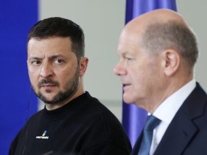 BERLIN, GERMANY - MAY 14: (L-R) Ukrainian President Volodymyr Zelensky looks on as German