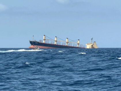 This picture taken on February 27, 2024 shows the Rubymar cargo ship sinking off the coast