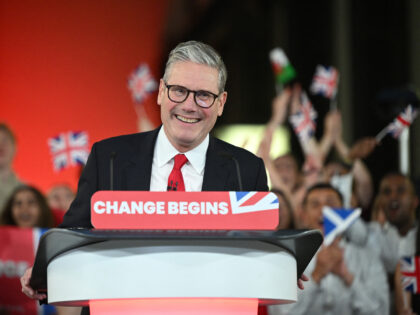 Britain's Labour Party leader Keir Starmer delivers a speech during a victory rally at the