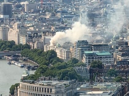 LONDON, ENGLAND - AUGUST 17: Smoke is seen rising from Somerset House, where a large fire