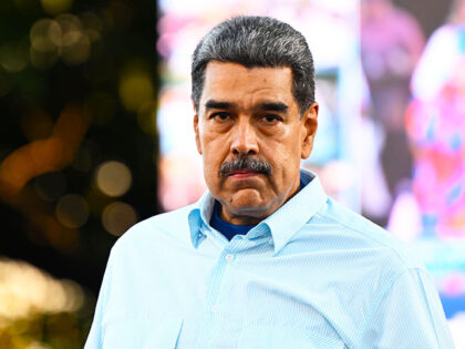 Incumbent President of Venezuela Nicolás Maduro looks forward during the 'Gran Marcha Mun