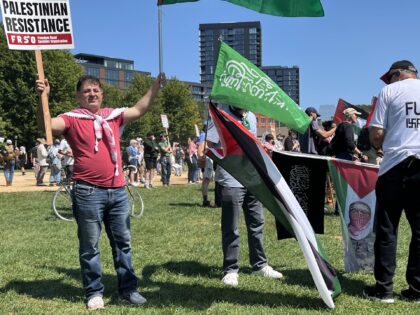 Hamas flag upside down at rally (Joel Pollak / Breitbart News)