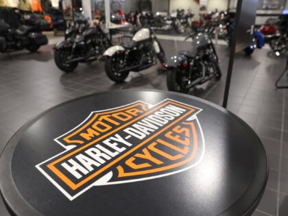 OAKLAND, CALIFORNIA - MAY 19: The Harley-Davidson logo is displayed on a table at Oakland