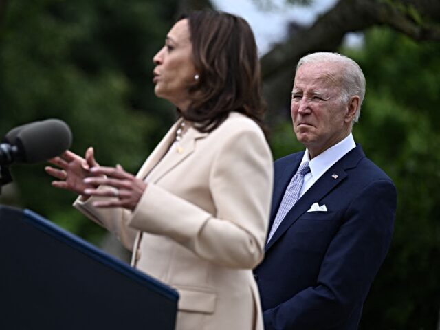 US President Joe Biden looks on as US Vice President Kamala Harris delivers remarks during