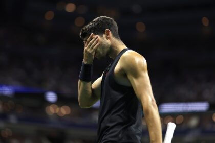 Spain's Carlos Alcaraz reacts during his US Open second round loss to Botic van De Zandsc