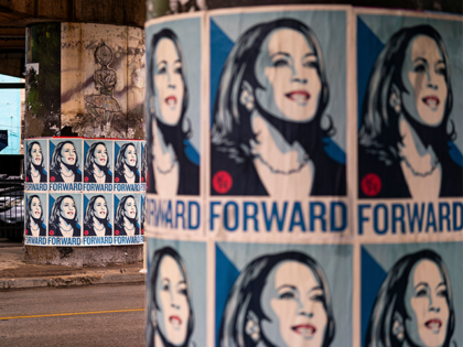 Posters of Vice President Kamala Harris in the style of Barack Obama’s 2009 “Hope and